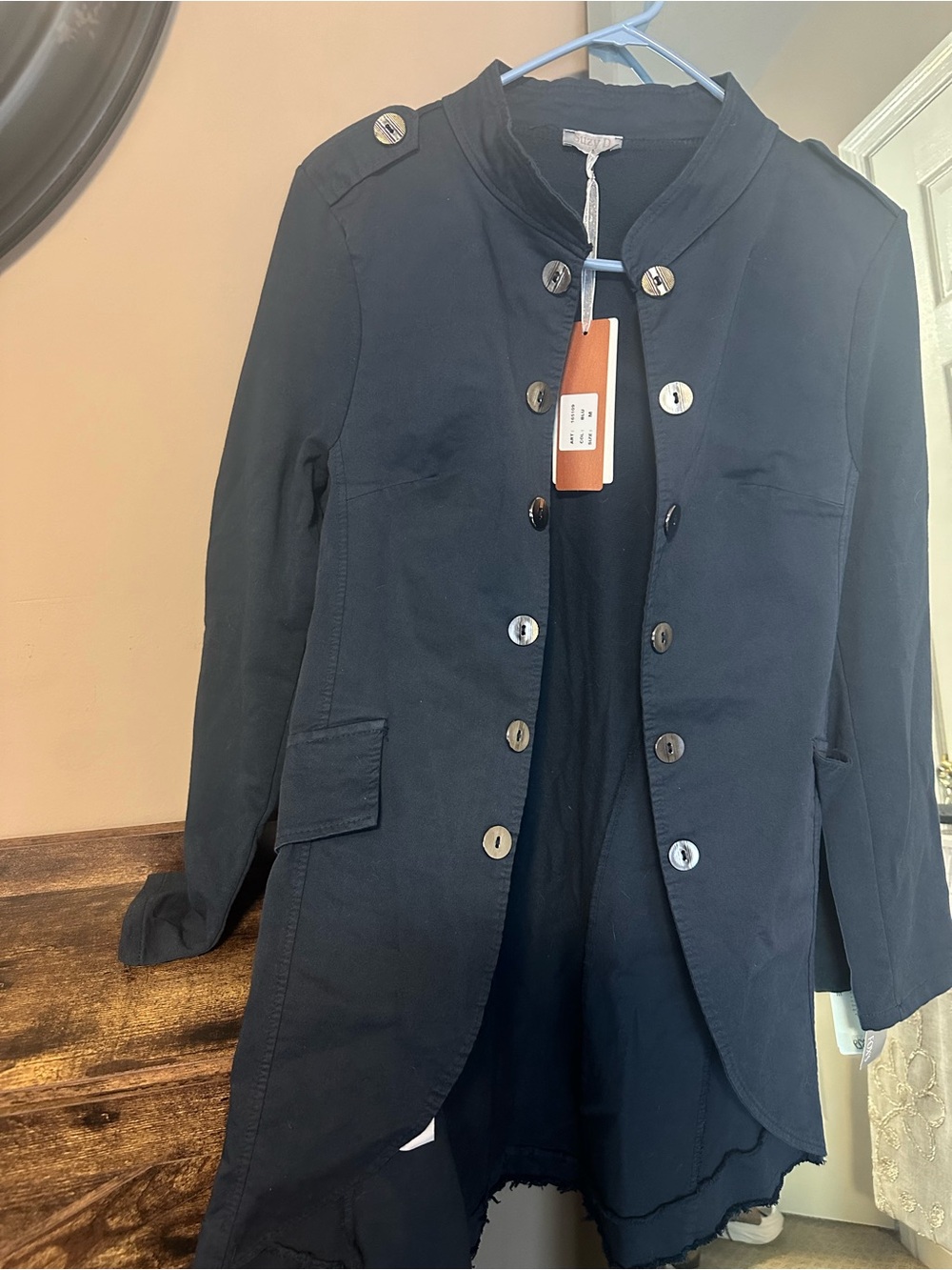 Womens Black Button-Front Military-Style Coat